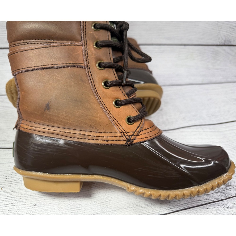 Bass Harlequin Duck Boots Brown Leather Rubber Waterproof Lace Up Buckle Size 7 - Picture 8 of 9
